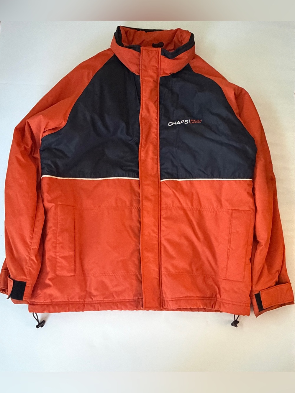 Ralph Lauren CHAPS Color Block spellout Rain Coat Jacket Orange Navy Mens Sz L